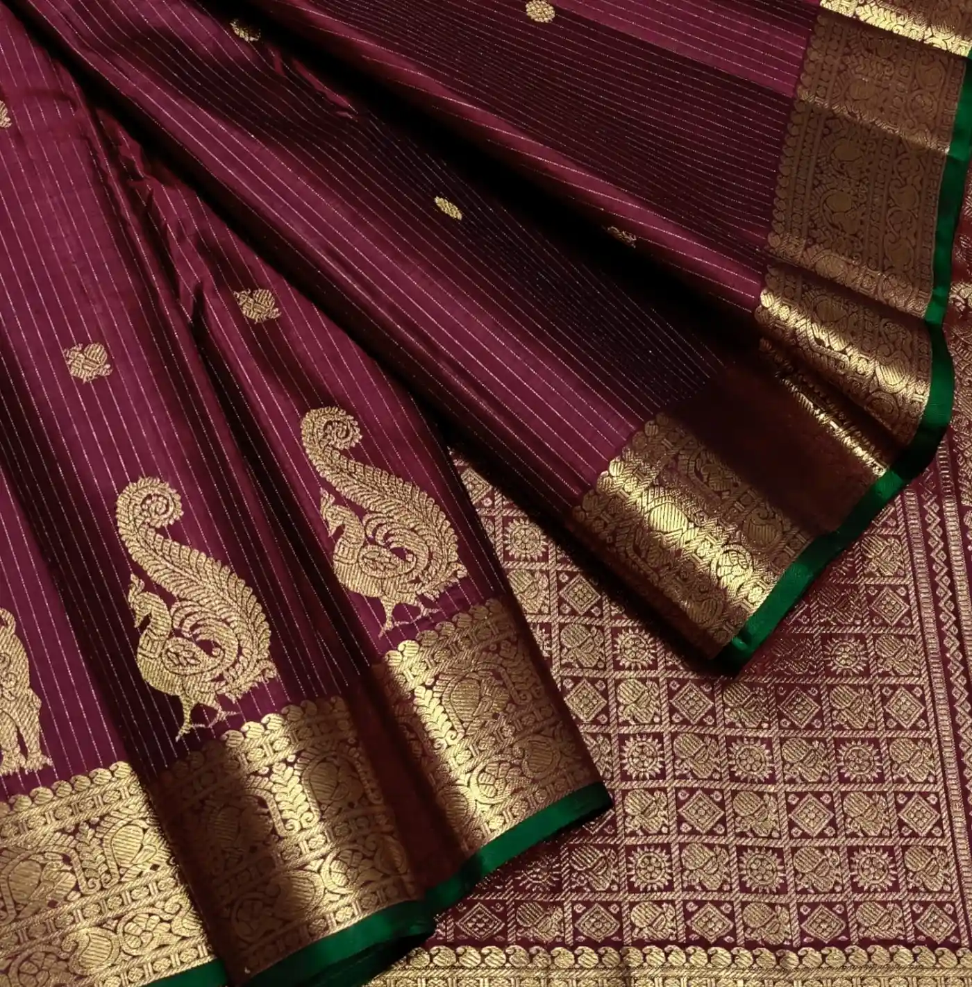 Dark Maroon Pure Kanchipuram Silk Saree with Heavy Antique Golden Border